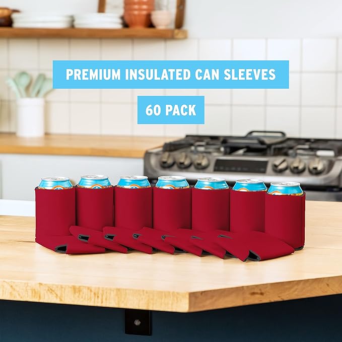 CURRENT CO. Blank Beer Can Cooler Sleeves (60-Pack) Soft Insulated Coolies - HTV Friendly Koolies in Bulk for Cans & Bottles Coolie Blanks Vinyl Projects Wedding Favors (Red)