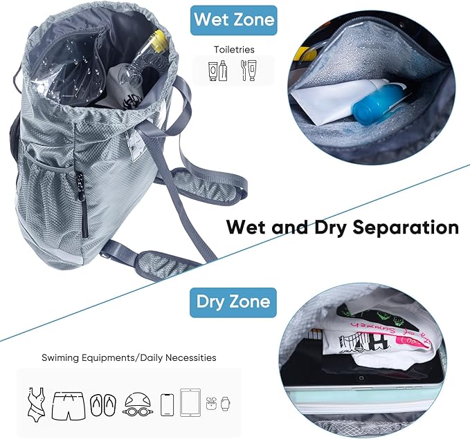 Swim Beach Sports Drawstring Backpack - Gym Bag with Shoes Compartment and Waterproof Pocket for Gym Accessories, Swim Essentials - Kids Mens Beach Workout Bag