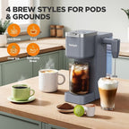 Tastyle Single Serve Coffee Maker with Built-in Detachable Milk Frother, Iced and Hot Coffee Machine for K Cup & Grounds, 40oz Removable Water Reservoir, 6 Cup Sizes, Fits 7.3" Travel Mug, Gray