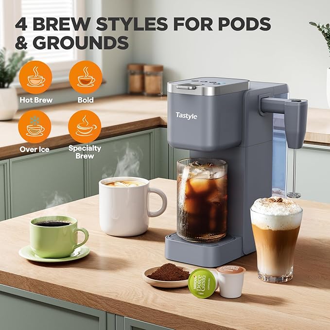 Tastyle Single Serve Coffee Maker with Built-in Detachable Milk Frother, Iced and Hot Coffee Machine for K Cup & Grounds, 40oz Removable Water Reservoir, 6 Cup Sizes, Fits 7.3" Travel Mug, Gray