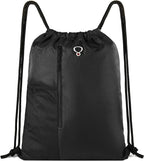 BeeGreen Black Drawstring Backpack Gym Bag For Men Women String Sports Backpack With Water Bottle Mesh Pockets And 2 Zippered Pocket Large Cinch Sackpack Workout Bag 16" x 20"