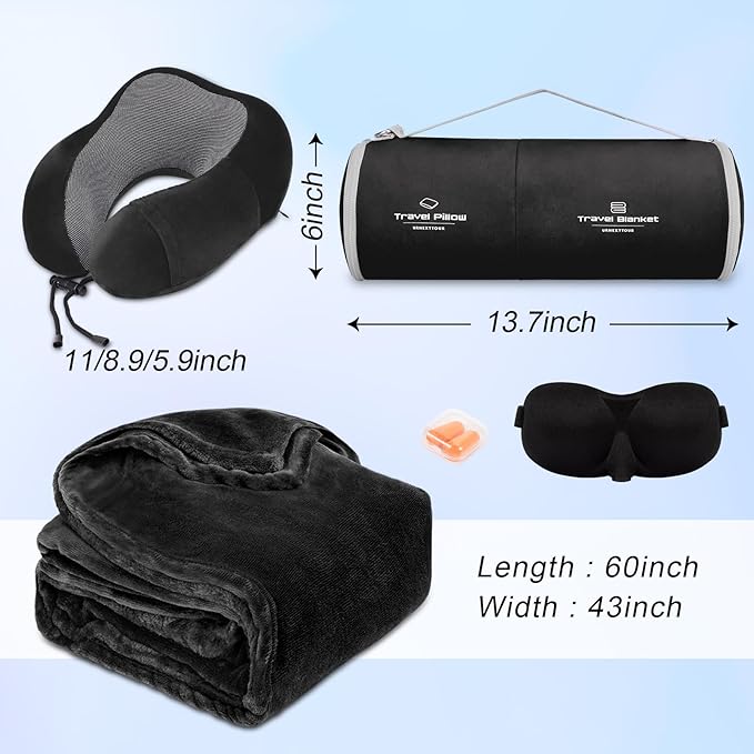 urnexttour Travel Pillow and Blanket Set Neck Pillows Travel Essentials with Sleep Mask for Airplane Car Memory Foam Black