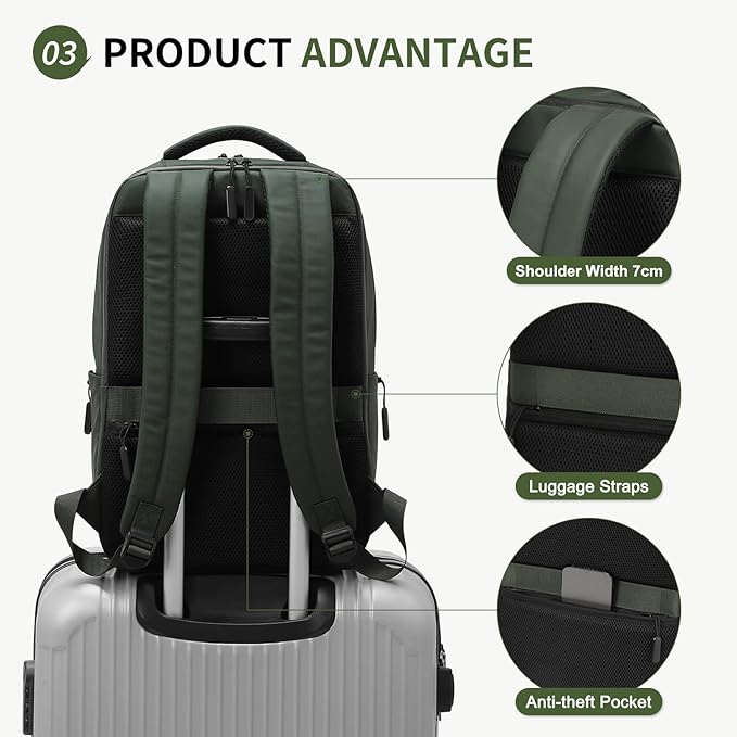 Waterproof Laptop Backpack for Men & Women, Flight Approved Anti-Theft Daypack with 15.6-inch Laptop Sleeve (Green)