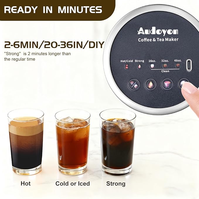 Portable Rapid Coffee Maker – 2-6 Min Quick Brew Electric Coffee & Tea Infuser Makes Smooth, Low-Acid Coffee, 16oz Stainless Steel Travel Cup for Camping, Office, Hiking, Beach, Hotel, RV