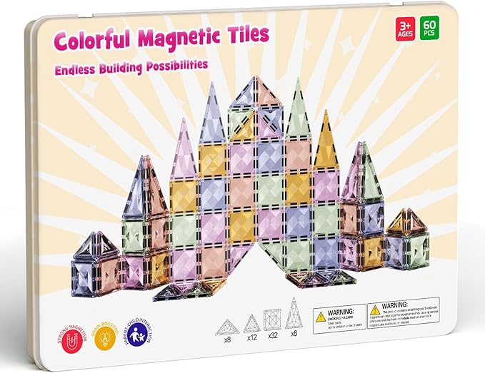 Magnetic Tiles for Kids Ages 4-8, Magnetic Blocks Travel Set with Diamond Surface & Metal Storage Box, 60PCS STEM Learning Toys, Educational Building Gifts for 3-8 Year Olds