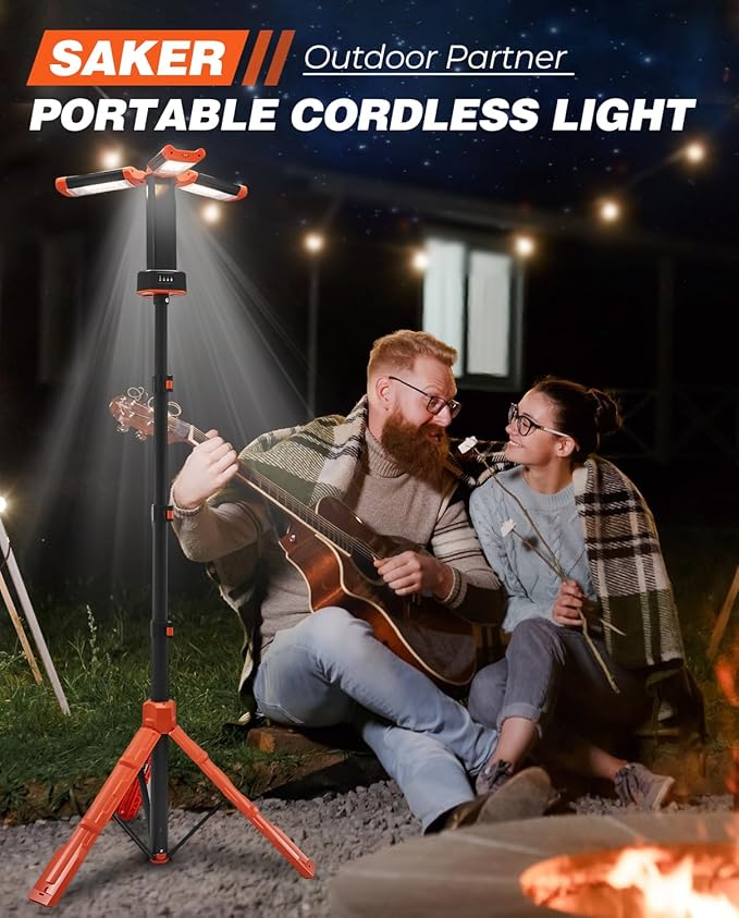 Saker Portable Camping Light with Stand 12000mAh 73.2" Rechargeable Work Light 3200 Lumen Camp Lanterns with Bag for Garage, Outdoor Work, Emergency Power Outages, Fishing LD10 Orange