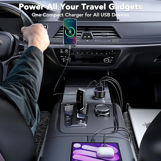 iPhone 17 Car Charger USB C Fast Charge Cable, 78W 4 Port Metal Car Phone Charger Adapter with Voltmeter PD 30W & QC3.0 Cigarette Lighter USB Adapter for iPhone 17/16/15, Galaxy, iPad, Android