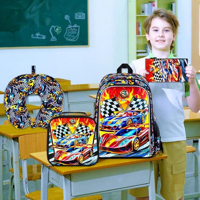 HPJGD 5PCS Boys Suitcase Set, Kids Water-Resistant Rolling Luggage, Cool Car Racing Travel Carry-On for Elementary/Preschool Toddler