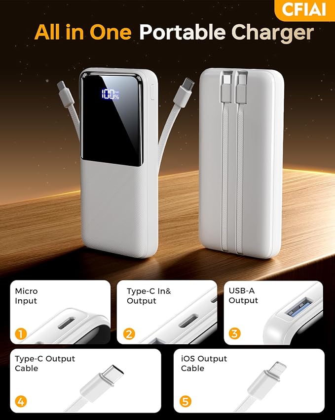 Portable Charger Power Bank - 15000mAh Battery Pack Portable Phone Charger with Built in Cable 22.5W Fast Charging Powerbank Compatible with iPhone Android Samsung Phone, Travel Camping Essential