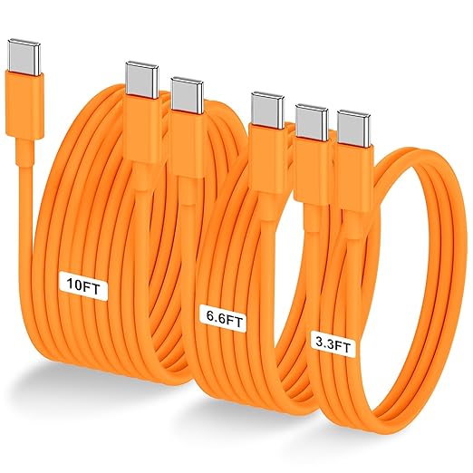 3-Pack Orange [3.3FT+6.6FT+10FT] 60W USB C to USB C Cable, Type C Fast Charging Cable for iPhone Air 17 16e 16 15 Pro Plus Pro Max，for Galaxy S25, for iPad Pro/Air/mini, for MacBook Pro/Air and More