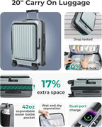 BAGSMART Top Opening Carry On Luggage 22x14x9 Airline Approved with TSA Lock, Expandable 20 Inch Deep Compartment Hard Shell Suitcases with Double Spinner Wheels, Green