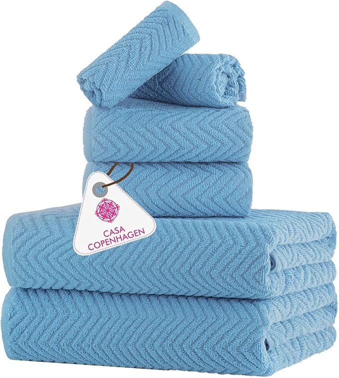 CASA COPENHAGEN EcoWave 6Pcs 100% Cotton Large Designer Towels Gift Set- Dusky Blue, 550 GSM, 2Bath 2Hand 2Washcloths, Bath Towels for Bathroom Set for Women & Men