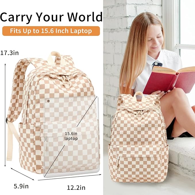 LOIDOU Backpack for Girls School Backpacks Bookbags for Elementary Middle School Women Laptop Backpacks (Brown white checker, L-17)