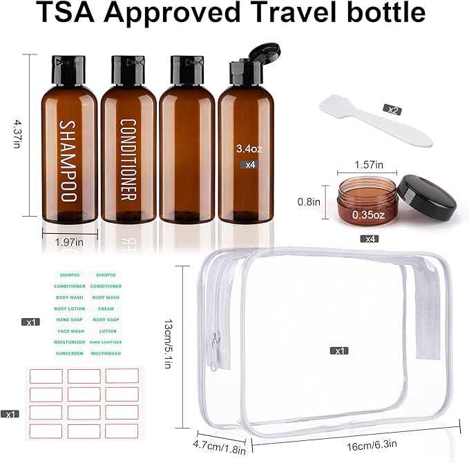 Travel Bottles for Toiletries 8 Pack 3.4oz TSA Approved Leak Proof Travel Size Containers Plastic 0.35oz Small Cream Jars Squeeze Empty Toiletry Bottles for Shampoo Conditioner Body Wash(Brown)