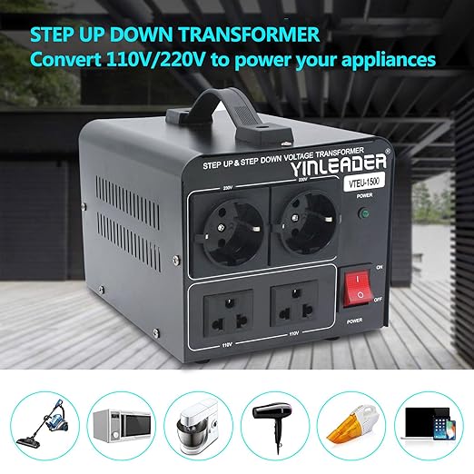 Yinleader 110V to 220V Voltage Converter Transformer Step Up/Down 120V to 240V with 2 US&2 EU Outlets 1500W [110V US Power Cord Included Only, No 220V Cord]