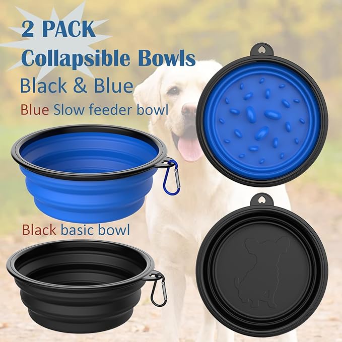 Collapsible Dog Bowls [2 Pack] 34 oz, Slow Feeder Bowl, Travel Dog Bowls Pet Portable Foldable Water Food Feeding Dishes with Carabiner Clip for Traveling Hiking Walking-Black & Blue