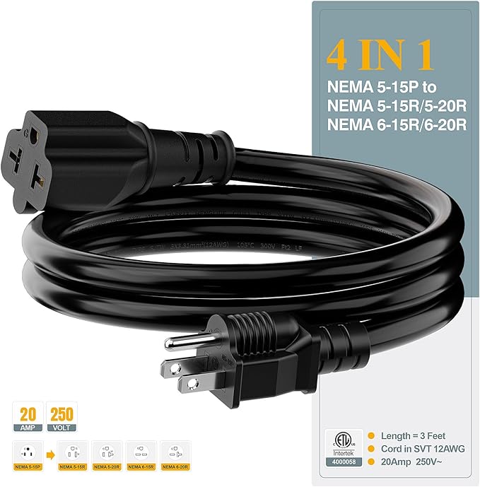 (3Feet) NEMA 5-15P Extension Cord, Plugrand NEMA 5-15P to 5-15R/ 5-20R/ 6-15R/ 6-20R AC Adapter Cord, 12AWG 15 Amp to 20 Amp T Blade Adapter Cable, 15A 125V to 20A 250V Extension Cord