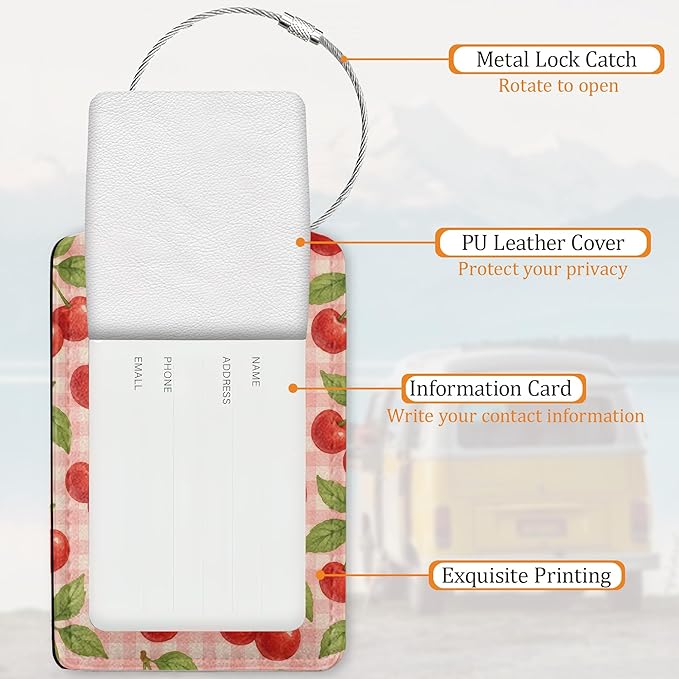 Cherry 3 Pack Luggage Tag for Suitcase, Leather Bag Tags with Privacy Cover ID Label and Durable Steel Loop for Cruise Airport Travel