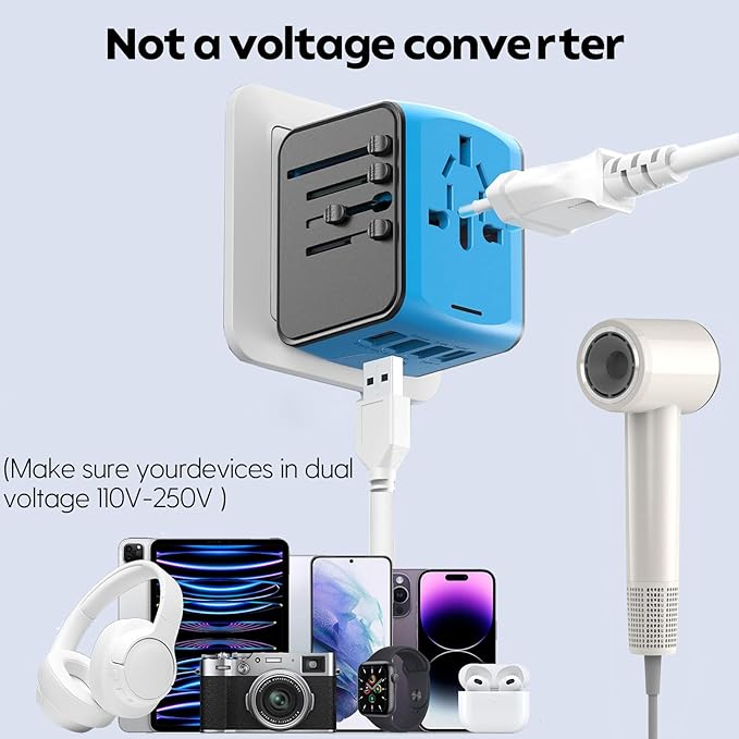 JMFONE Universal Travel Adapter, 4 USB C/A Ports & 2500W AC Outlets, All-in-One International Power Plug Adapter for All USB Devices, Worldwide Travel Charger for Europe US UK AU 200+ Countries (Blue)