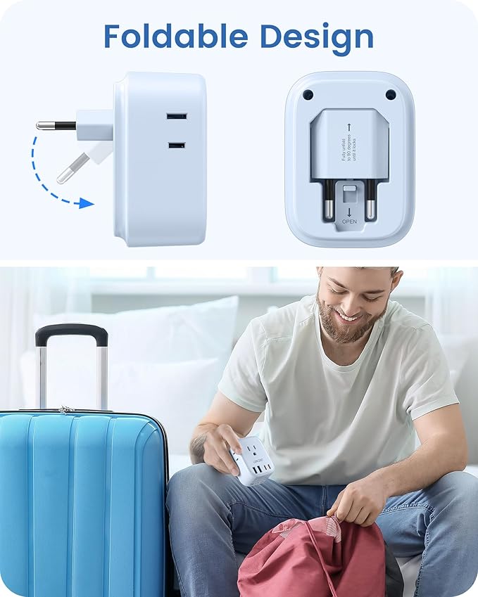 European Travel Plug Adapter, LENCENT US to Europe Type-C Foldable Power Plug with 4 Outlets 4 USB Ports (2 USB C), Power Adaptor for USA to EU Euro Iceland Spain Italy France Germany Greece, Blue