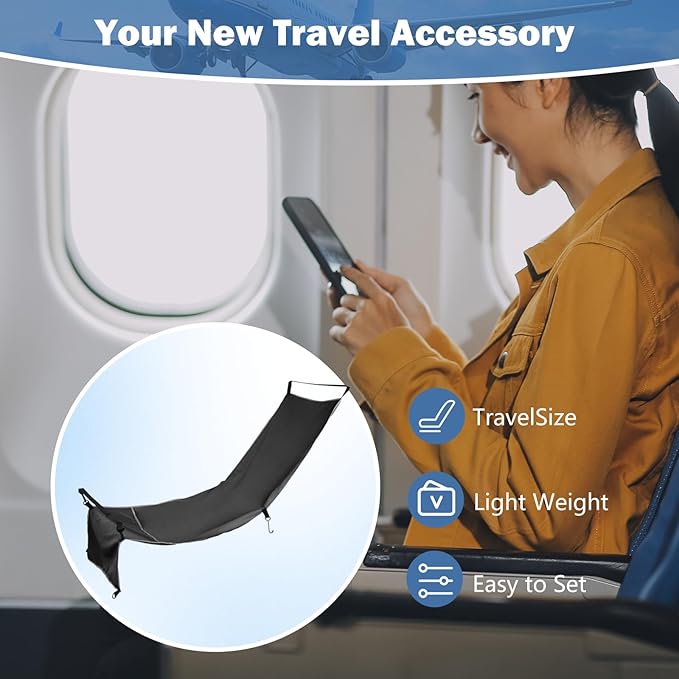 Plane Footrest Hammock Leg Rest Seat Cover Heavy Duty with Inflatable Pillow Ergonomic Adjustable for Trains Bus Flying Travel Flights, Black