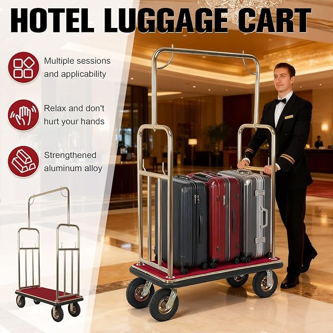 Generic Hotel Luggage Cart Wagon 39Lx19Wx68H Inch Lobby Trolley Luggage Carts Up to 881LBS 8-inch Silent Rubber Casters Carpet Deck Bumper Rails for Commercial Use Condos Resorts