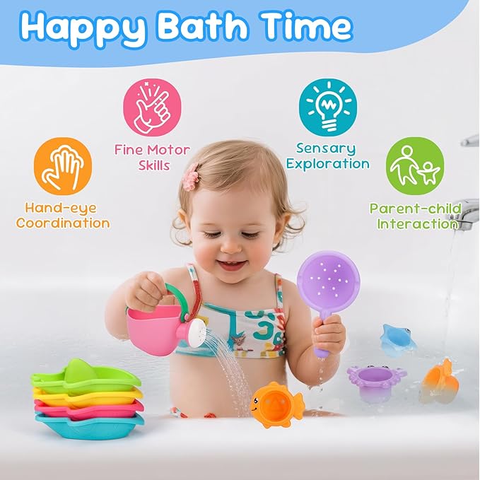 Fajiabao Baby Bath Toys for Kids Ages 1-3 Toddler Bath Toys Mold Free for 2-4 Bathtub Sand Beach Pool Water Toys for 1+ Year Old Girl Gifts 9 PCS (Color Random)