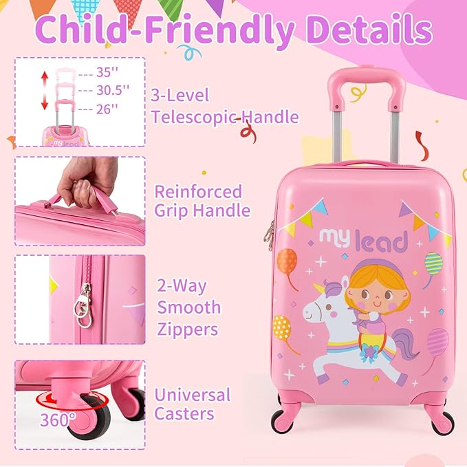 Goplus 2 PCS Kids Luggage, 13" & 16" Carry-on Suitcase w/Spinner Wheels, Telescopic Handle, Hard Shell Rolling Trolley Luggage for Toddler Boys Girls Travel, Airline Approved (Pink, Pony)