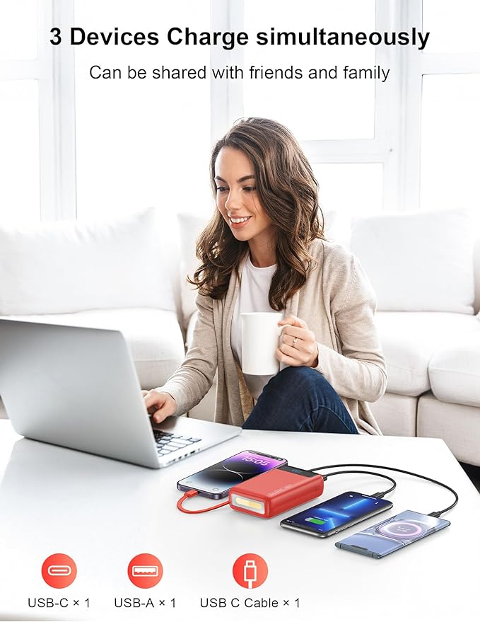 Portable Charger, 27000mAh 22.5W Fast Charging Power Bank with Built-in Cable, USB C Battery Pack with LED Display & Flash Light, Travel Essential External Battery Charger Bank for iPhone Samsung Red