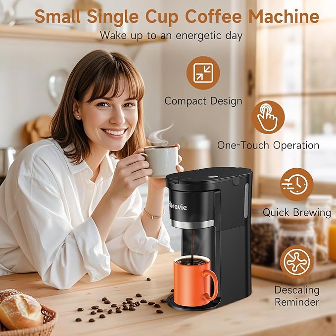 Horavie Small Single Serve Coffee Maker, Fast Brew One Cup Coffee Machine for K Cup and Grounds, 6 to 12 oz. Brew Sizes, Pod Coffee Maker with Descaling Reminder and Viewing Tank, Black