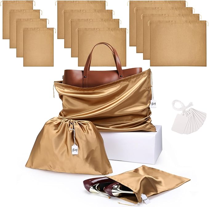 Ewen Pack of 12 Drawstring Dustbags with Blank Tag, Small Medium Large Satin Storage Pouch Dustproof for Travel Essentials, Silk Dustbag Packing Bag for Closet Home Storage Shoes Handbags Organization