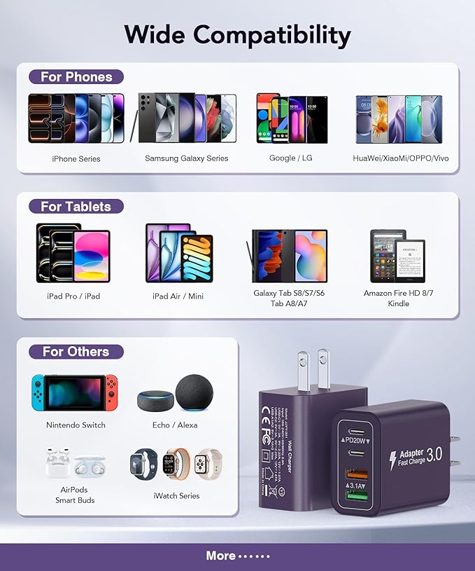[2-Pack] 40W USB C Charger Block, 4-Port Type C Fast Charging Brick Dual PD&QC Wall Plug Adapter Power Brick for iPhone 13/14/15/16/17 Pro Max Plus/iPad/Airpods/iwatch/Samsung Galaxy (Purple)