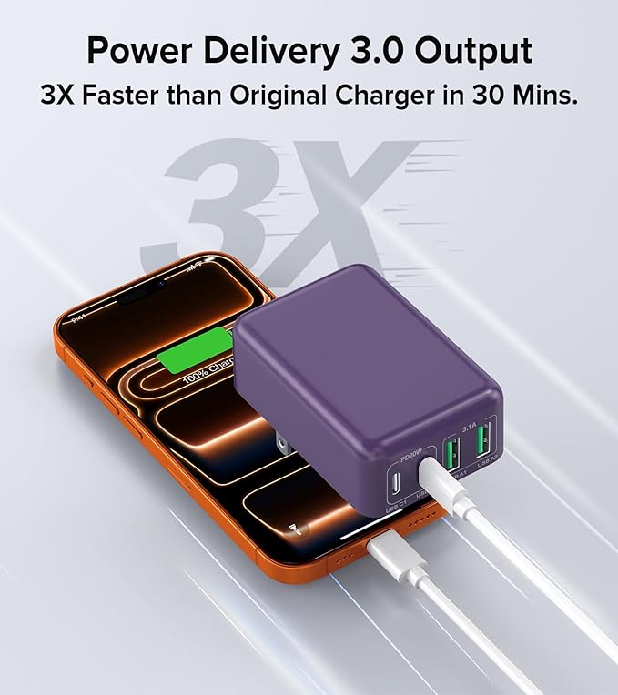 40W Flat USB C Charger Block, 2-Pack USB C Fast Charging Block 4-Port Dual PD+QC Power Adapter Double Charger Block Multiport Type C Cube Multiple Wall Plug for iPhone 17 16 15 14 13 Pro Max(Purple)