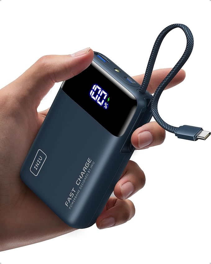 INIU 20000mAh Power Bank, Smaller 45W PD Fast Charging Portable Charger, Battery Pack with Build in USB C Cable, Travel Phone Flight-Safe Powerbank for iPhone 17 16 Samsung S26 Google iPad, Blue