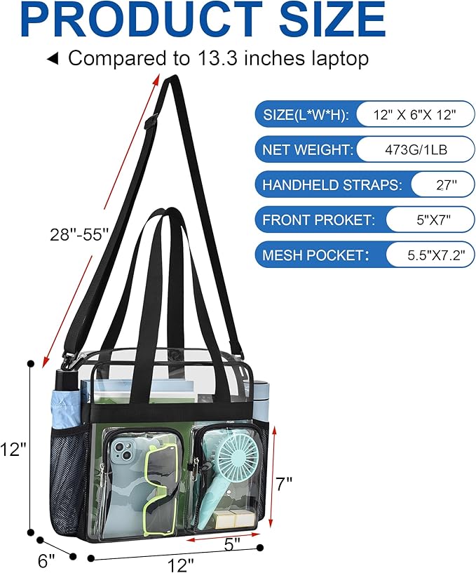 XCU Clear Bag for Stadium Events 12x6x12 Large Clear Tote Bag Transparent Lunch Bag Adjustable Straps for Concert Sports Work