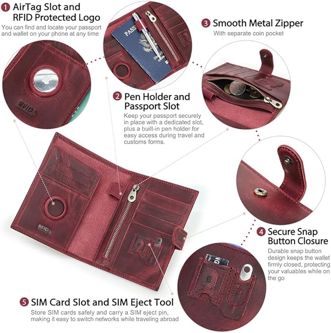 CONTACTS Full Grain Leather Passport Holder Compatible with Airtag RFID Blocking Passport Wallet Travel Slim Passport Cover with SIM Card Removal Tool (Bagde, Red)