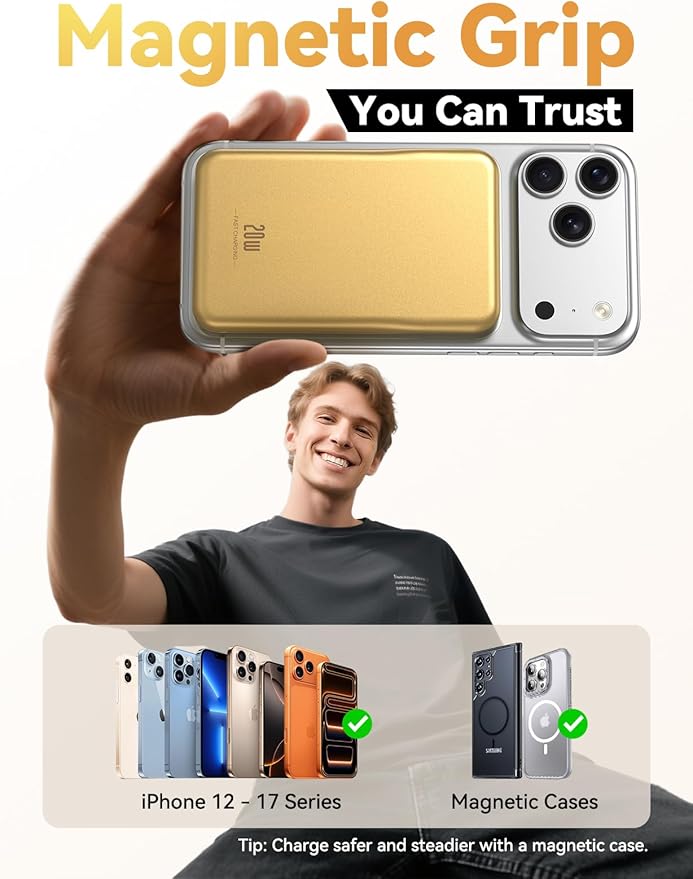Aobbow Magnetic Portable Charger, 10000mAh MagSafe Battery Pack with LED Display, 20W USB-C Fast Charging Power Bank, Travel Essentials Wireless Charger for iPhone 17/16/15/14/13/12, Golden