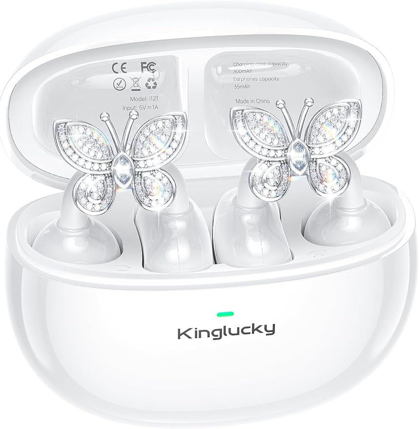 Kinglucky Jewelry-Inspired Clip-On Earbuds with Butterfly Earrings, Comfortable Fit & 50H Playtime Open Ear Bluetooth 5.4 Wireless Headphones for Women, Small Ears, Sports & Workouts (White)