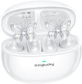 Kinglucky Jewelry-Inspired Clip-On Earbuds with Butterfly Earrings, Comfortable Fit & 50H Playtime Open Ear Bluetooth 5.4 Wireless Headphones for Women, Small Ears, Sports & Workouts (White)