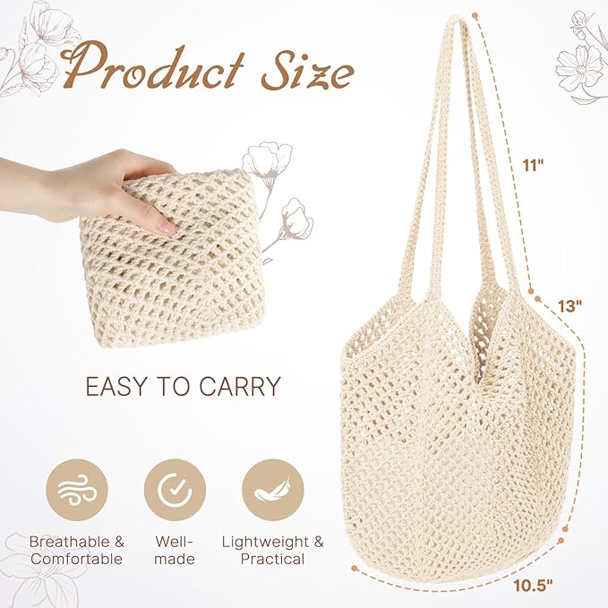 Tavaleu Crochet Tote Beach Bags for Women, Mesh Beach Tote Knit Bag, Summer Vacation Aesthetic Boho Hobo Shoulder Bag