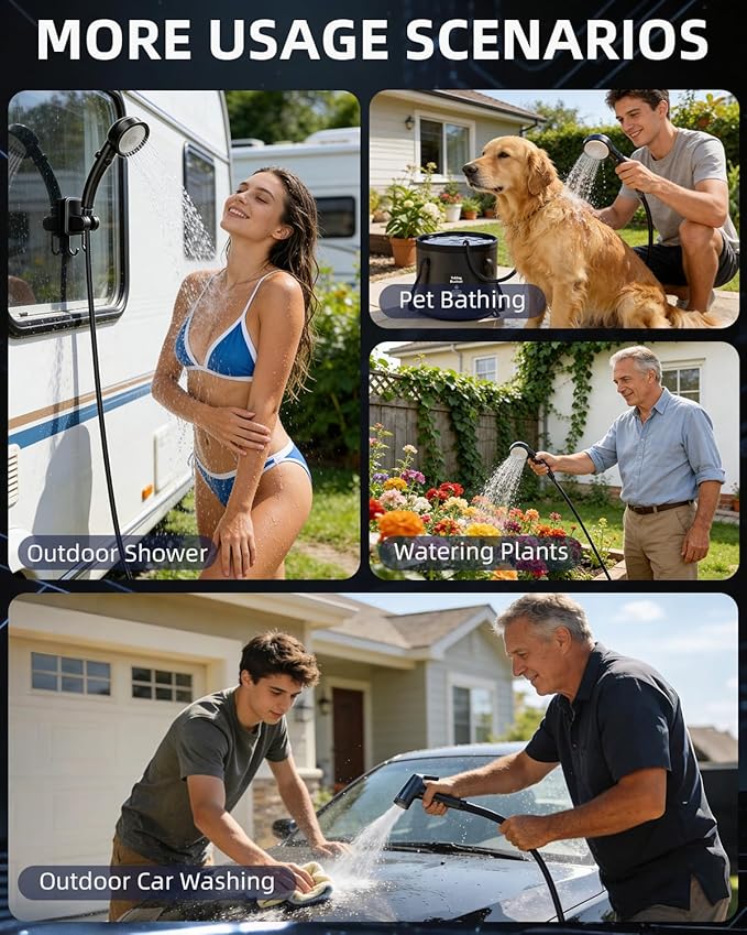 2026 Upgraded Portable Shower with Heater for Camping, 6000mAh Rechargeable Camping Shower Pump with LED Display, 3 Spray Modes 5 Gal Foldable Bucket, Outdoor Shower for Travel RV Pet Bath Car Washing