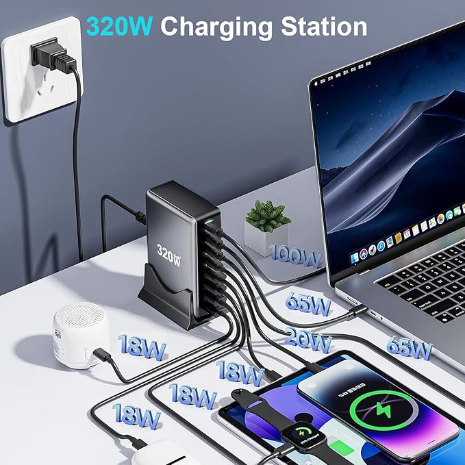 320W USB C Fast Charger Block, Multi-port USB Charging Station, GaN Ⅲ Double 100W PD PPS Port Fast Charging Station for Multiple Devices,Laptop Wall Charger Compatible with MacBook, iPhone 17,iPad etc