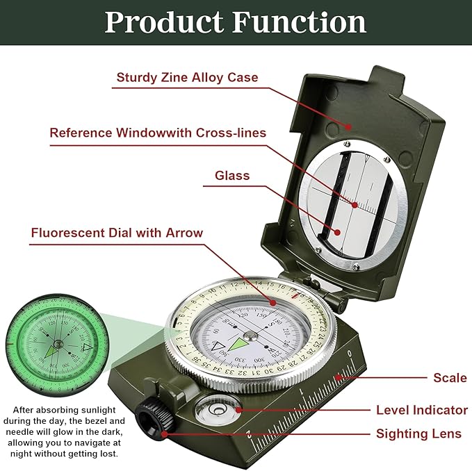 Compasses，Hiking Compass for Survival with ，Waterproof Durable and Pocket-SizedTactical Survival Compass with Lanyard，Climbing Biking Exploring Geology, Outdoor Activities