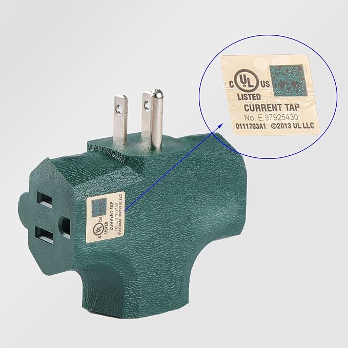 3 Outlet Adapter [UL Listed] 3 Way Outlet Splitter - 3 T-Shaped Adapter Outdoor Power Splitter Grounded Wall Tap Adapter Heavy Duty (4, green)