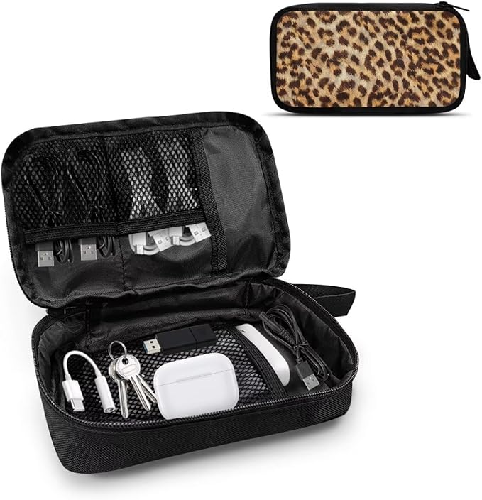 Leopard Print Electronics Case, Mini Cable Organizer Bag for Essentials, Tech Accessory with Cord Organizer for Phone, Power Bank, SD Card