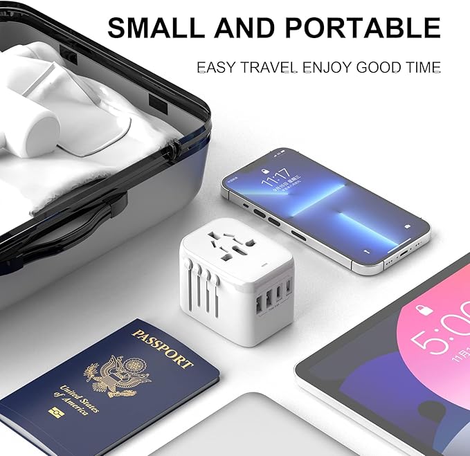 VYLEE Universal International Power Travel Plug Adapter, 5 in 1 European Travel Plug Adapter W/ 3.5A 2xUSB-A and 2xUSB C Wall Charger and Worldwide AC Outlet for Europe USA UK AUS Asia(White)