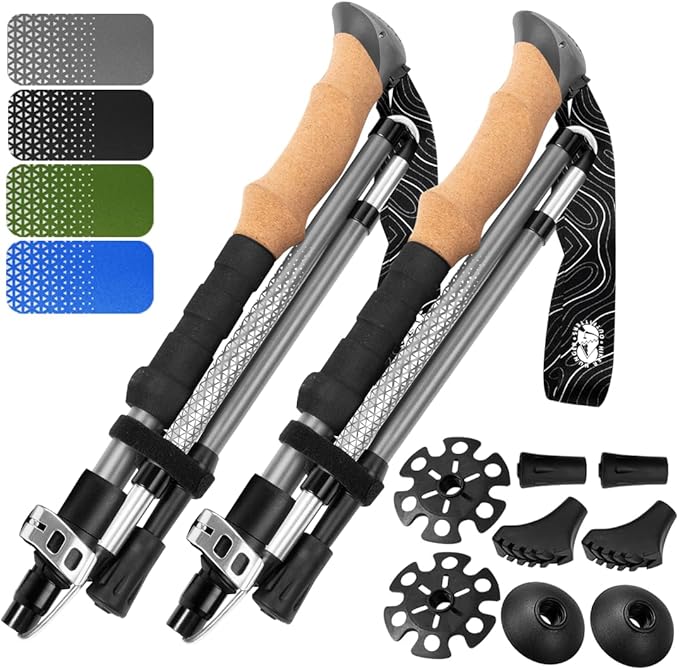 Premium Foldable Hiking Poles by USA Brand - Adjustable, Lightweight Trekking Poles Made of Aircraft Aluminum, Metal Locks Cork EVA Grips