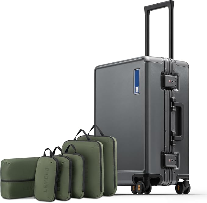 LEVEL8 Zipperless Carry On Luggage Airline Approved with Aluminum Frame, Hard Shell Suitcase with Spinner Wheels, Metal Checked Luggage, 20 Inch, Grey