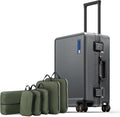LEVEL8 Zipperless Carry On Luggage Airline Approved with Aluminum Frame, Hard Shell Suitcase with Spinner Wheels, Metal Checked Luggage, 20 Inch, Grey