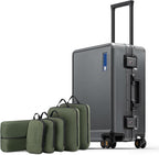 LEVEL8 Zipperless Carry On Luggage Airline Approved with Aluminum Frame, Hard Shell Suitcase with Spinner Wheels, Metal Checked Luggage, 20 Inch, Grey